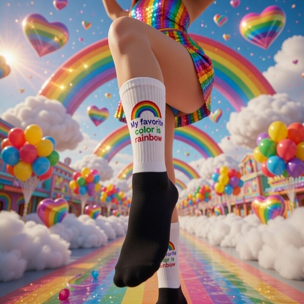 My Favourite Color Is Rainbow Socks on a person in a rainbow-striped dress, balancing amid rainbows, balloons, hearts
