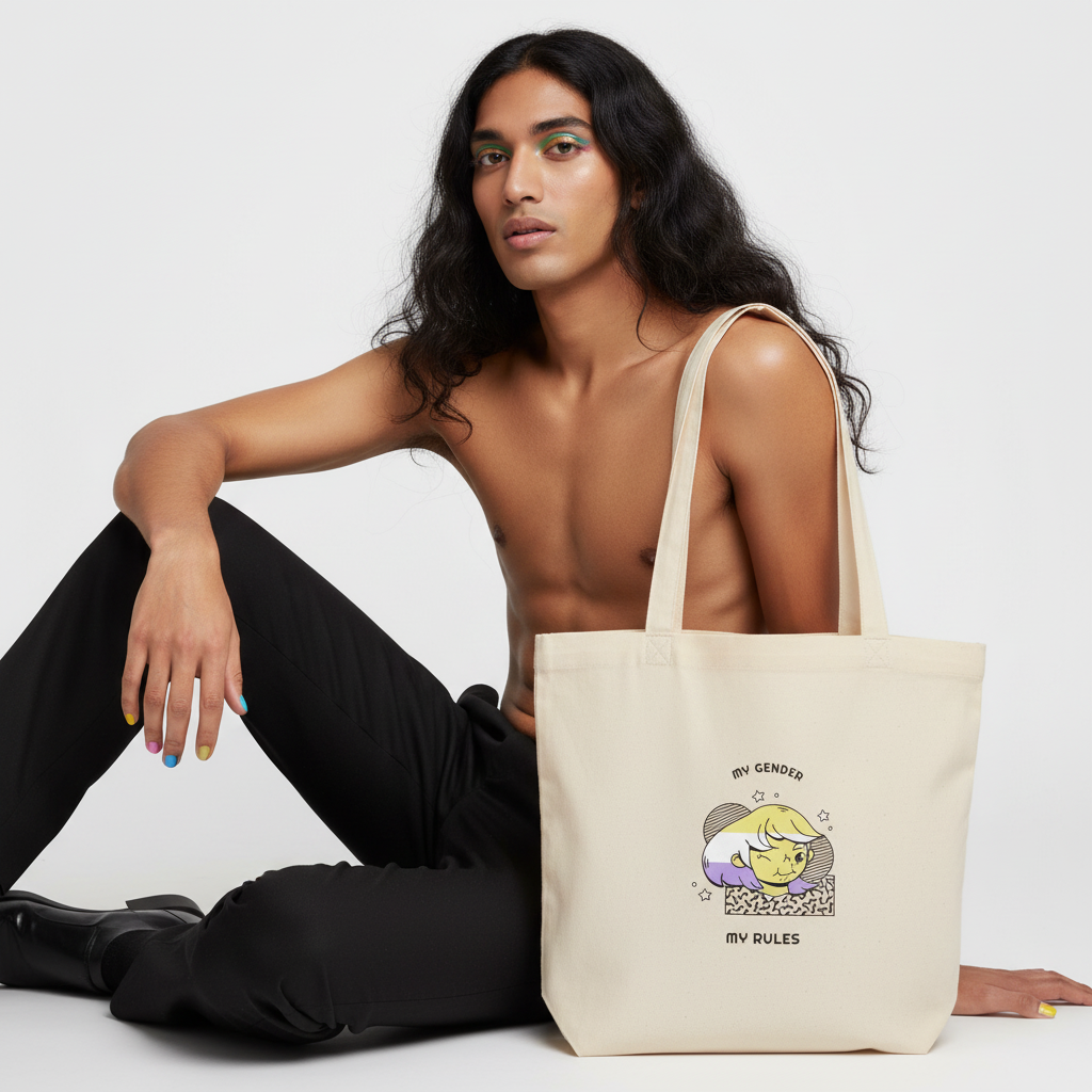 Beige “My Gender My Rules” eco tote with a sleeping cartoon cat, held by a shirtless person in black pants