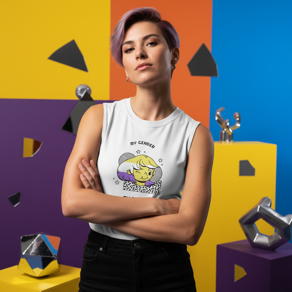 My Gender My Rules sleeveless white pride top with abstract cat art and bold "MY GENDER" text; person