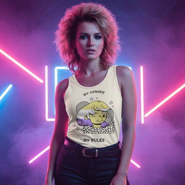 Unisex tank top, “MY GENDER MY RULES” slogan, cartoon face and stars
