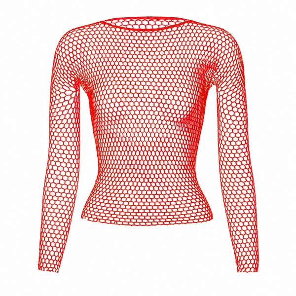 Front view of a red long-sleeve honeycomb fishnet mesh tee on white