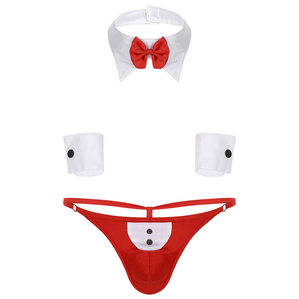 Flat lay of a red-and-white tuxedo-style thong costume with bow tie and cuff accessories