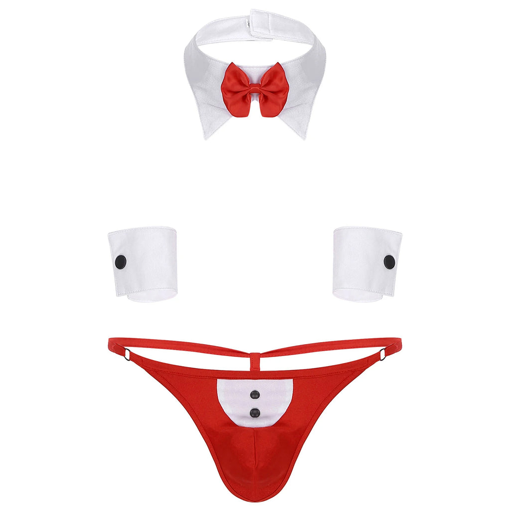 Flat lay of a red-and-white tuxedo-style thong costume with bow tie and cuff accessories