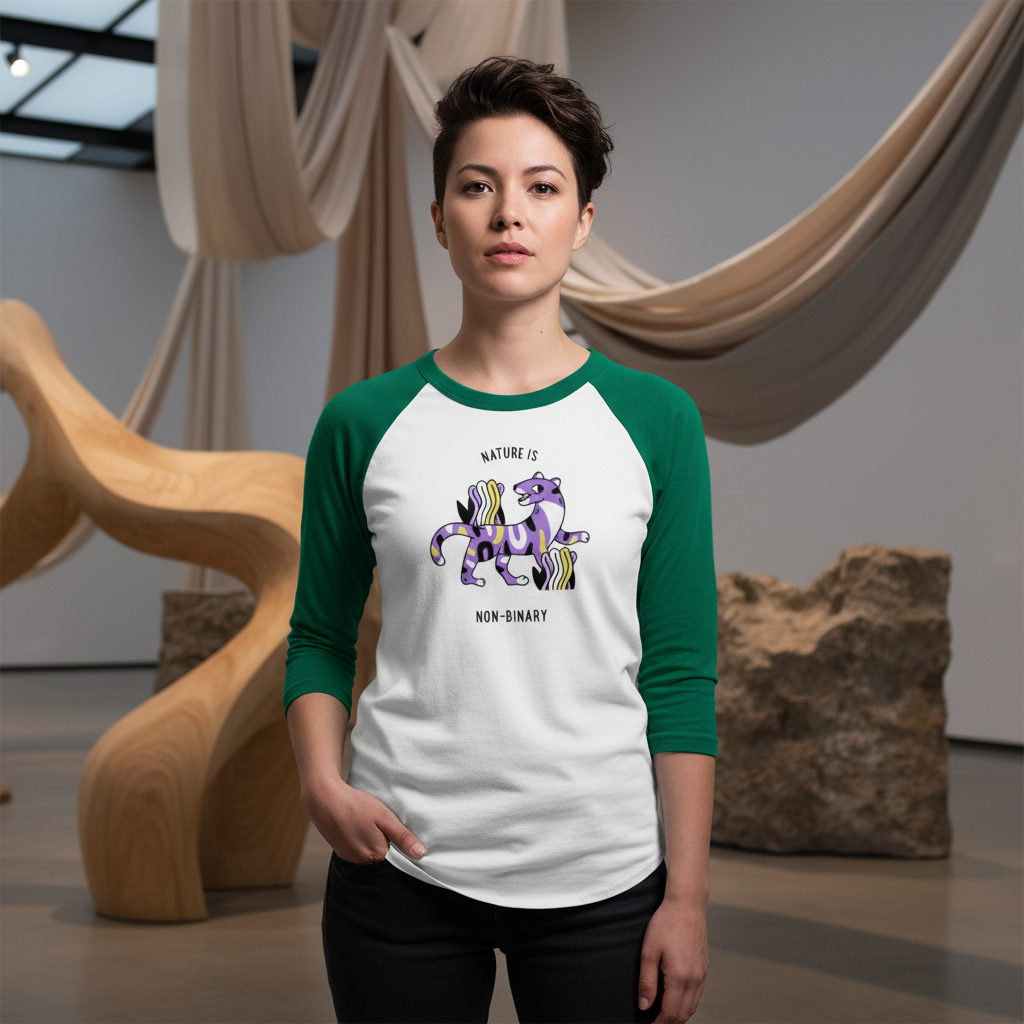 Nature Is Non-Binary 3/4 sleeve raglan shirt with a purple and yellow animal and "Nature is Non-Binary" slogan