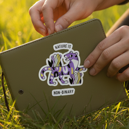 Bubble-free "Nature is Non-Binary" sticker shows a purple critter with non-binary flag colors and leafy details