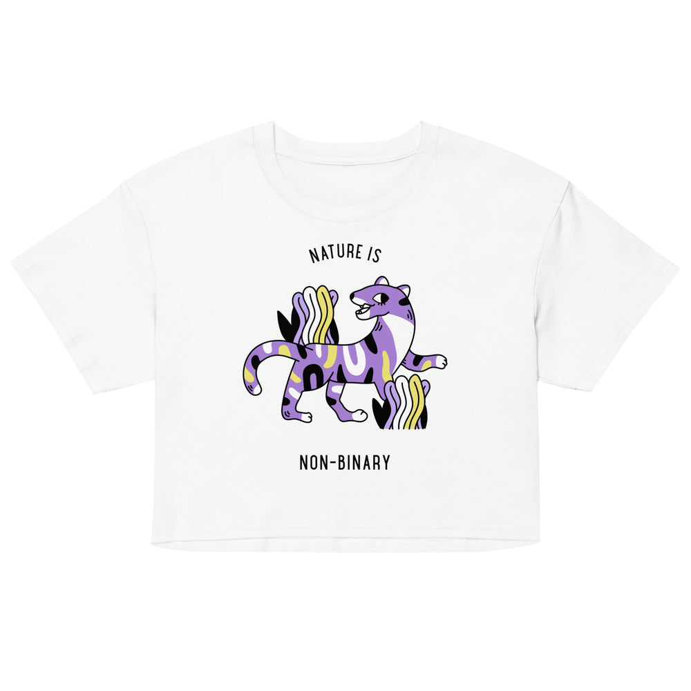 Front view of a white crop top reading “NATURE IS” and “NON-BINARY,” with a colorful cartoon animal graphic.