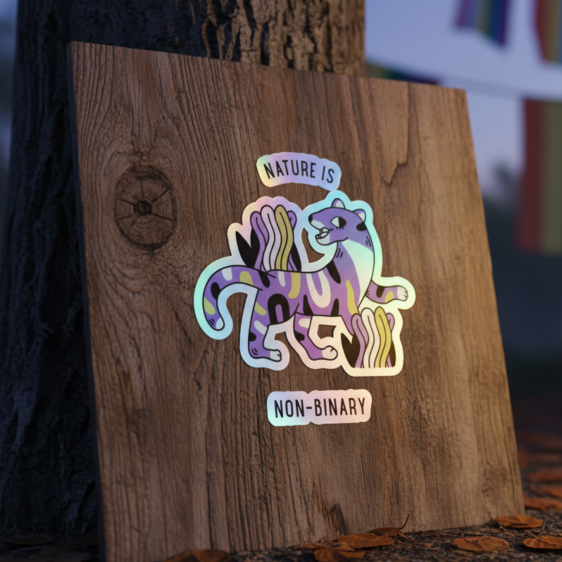 Nature Is Non-Binary holographic sticker with a grinning cat in purple, yellow, and blue on wood