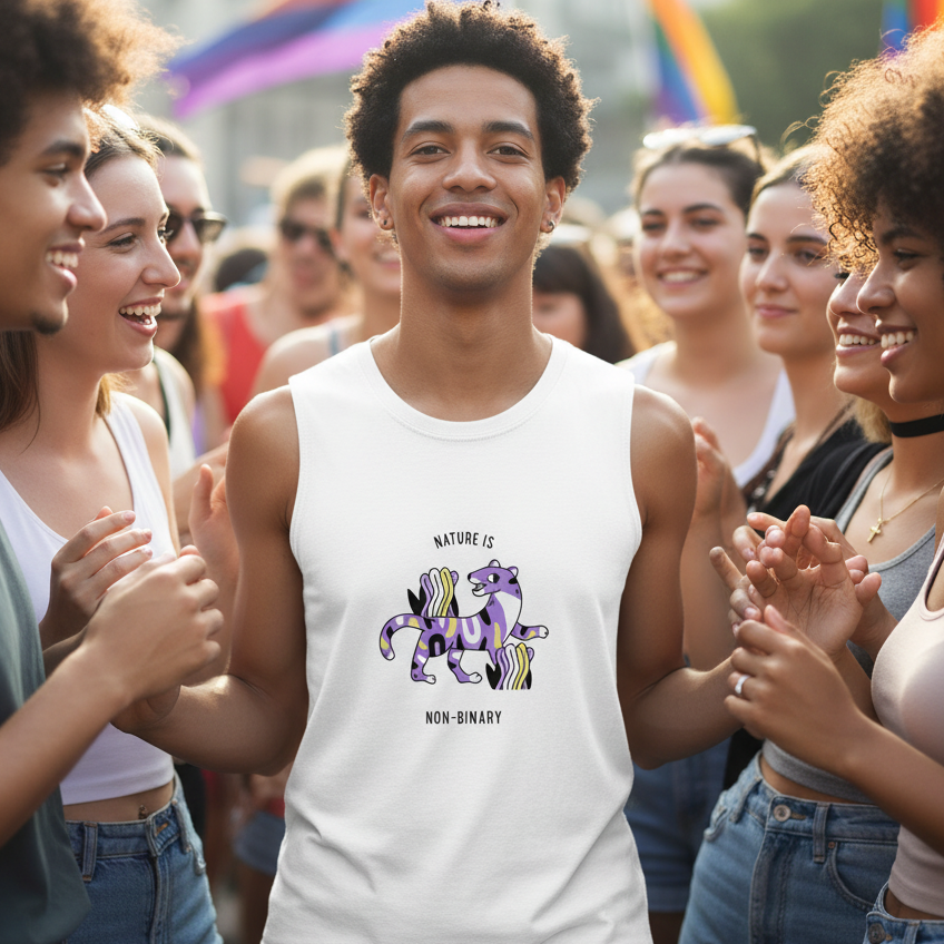 Nature Is Non-Binary Muscle Top with zebra graphic worn by a smiling person among queer folks