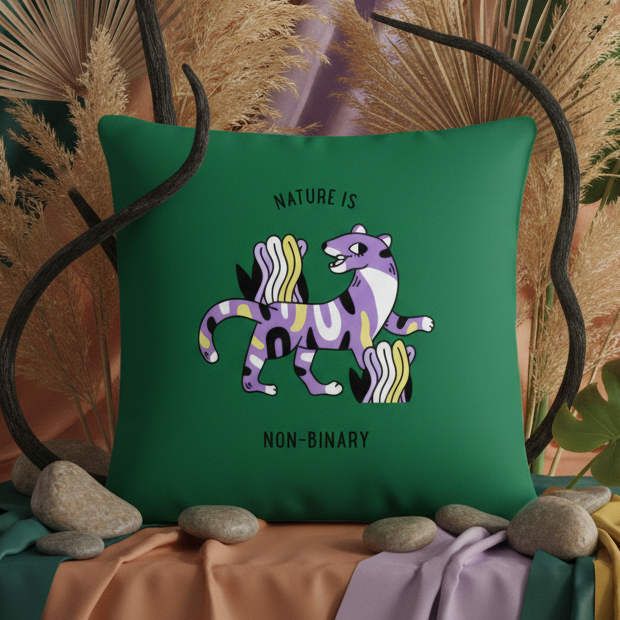 Green LGBT pillow featuring a purple and white tiger with yellow accents