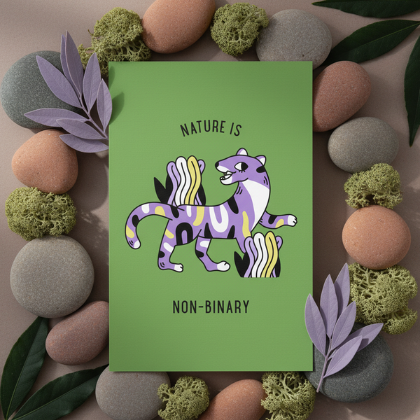 Nature Is Non-Binary Postcard in lush green, with a purple and yellow striped animal and 