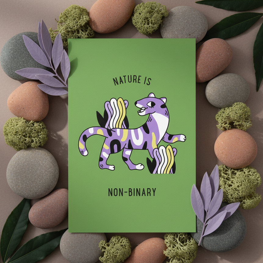Nature Is Non-Binary Postcard in lush green, with a purple and yellow striped animal and "Nature is non-binary." Moss, stones