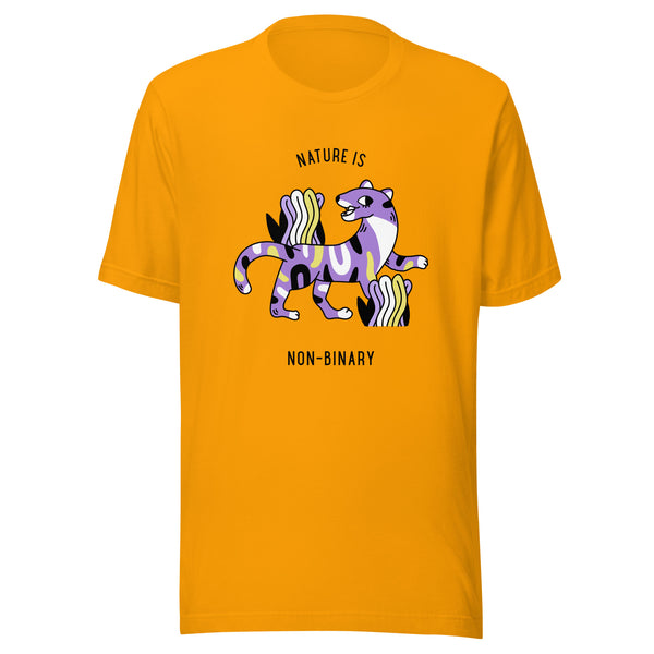 Front view of an orange T-shirt reading “NATURE IS NON-BINARY” with a purple creature graphic