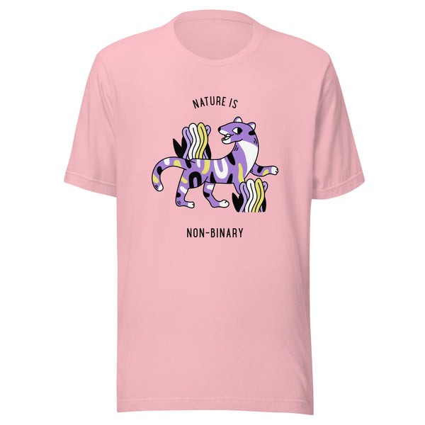 Pink T-shirt with a colorful striped animal graphic and “NATURE IS NON-BINARY” text