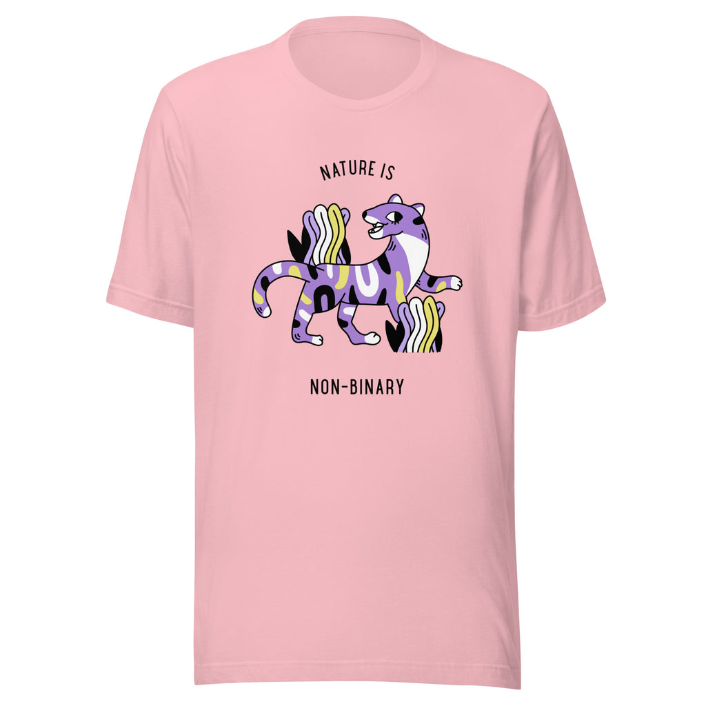 Pink T-shirt with a colorful striped animal graphic and “NATURE IS NON-BINARY” text