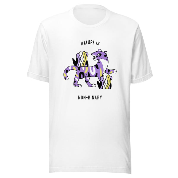 Front view of a white T-shirt reading “NATURE IS” and “NON-BINARY” around a colorful purple animal graphic
