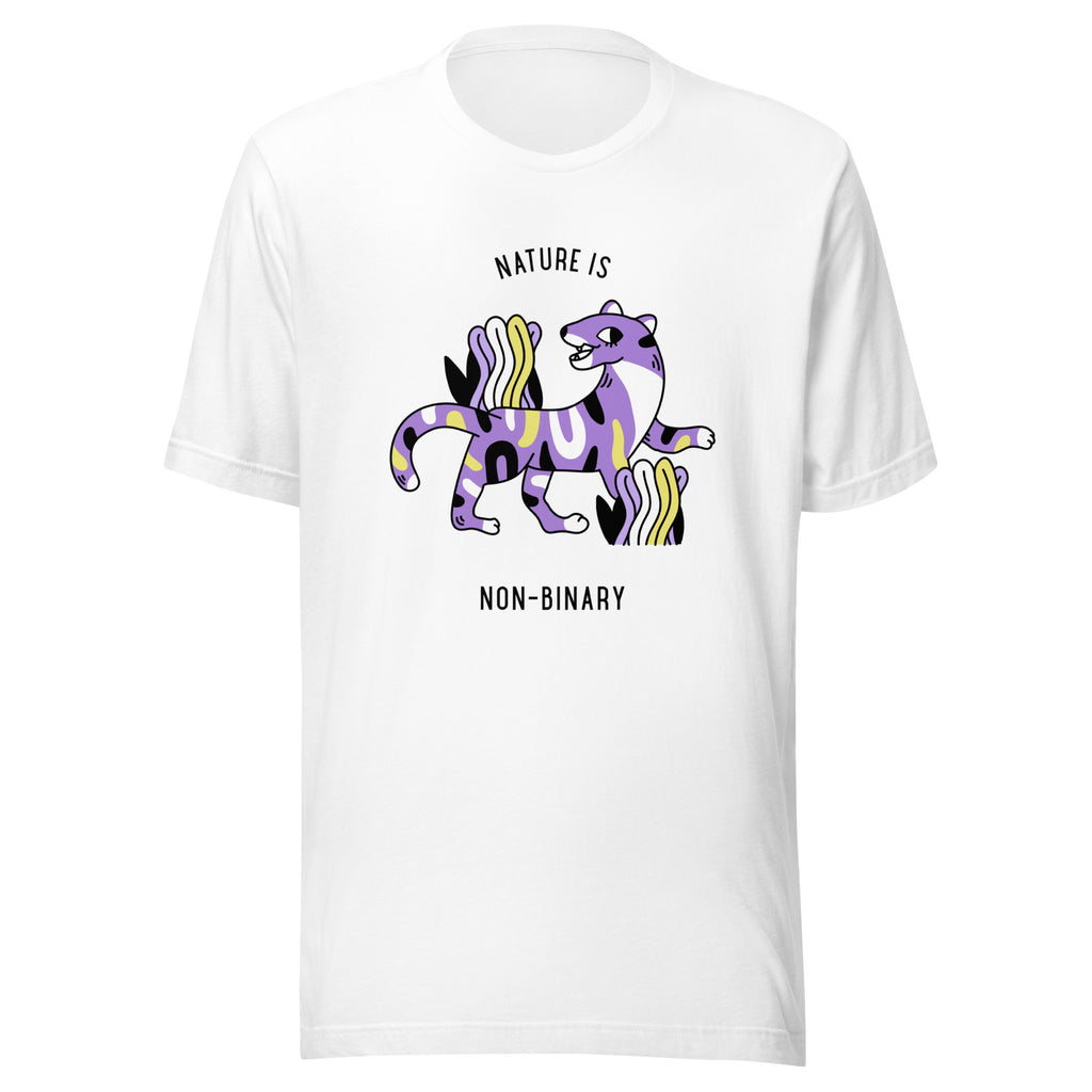 Front view of a white T-shirt reading “NATURE IS” and “NON-BINARY” around a colorful purple animal graphic