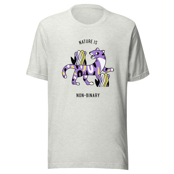 Front view of a light gray T-shirt reading “NATURE IS NON-BINARY” with a colorful winged creature