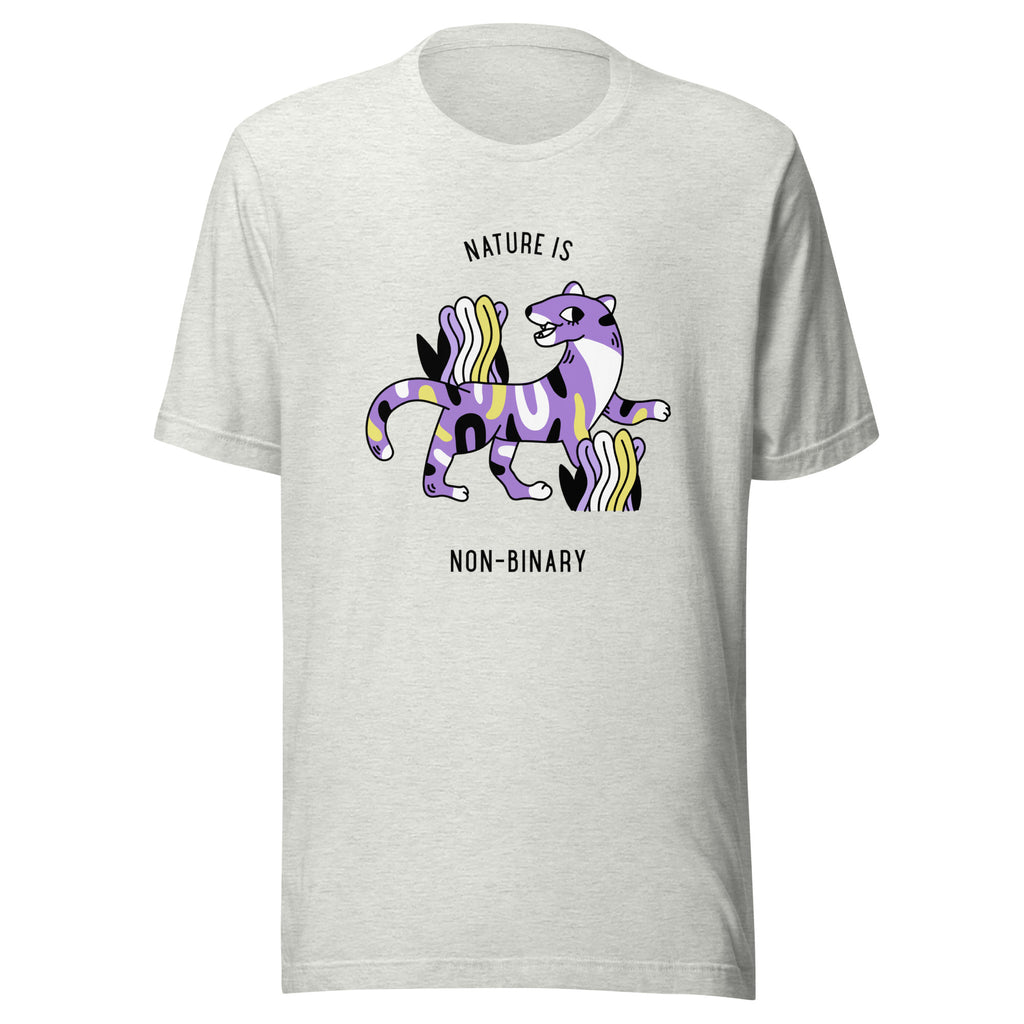 Front view of a light gray T-shirt reading “NATURE IS NON-BINARY” with a colorful winged creature