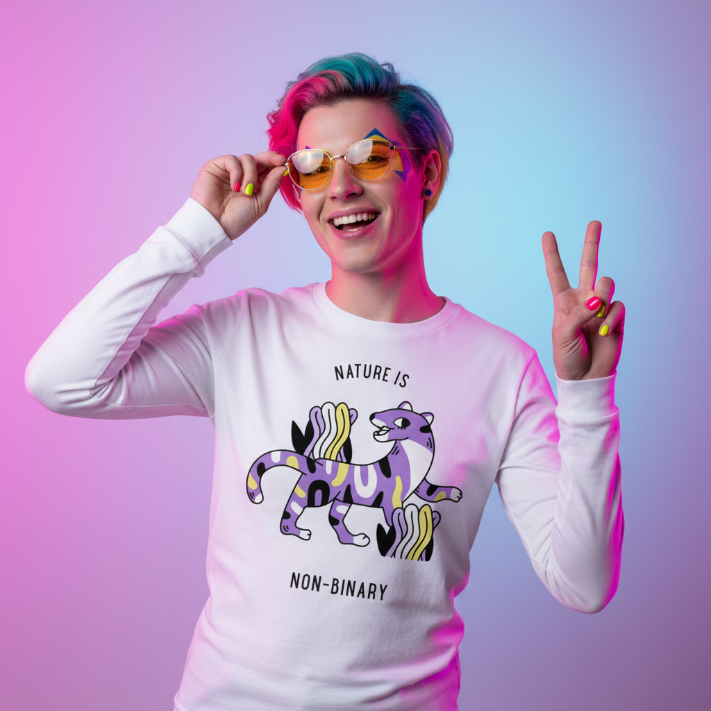Unisex long-sleeve tee reading “Nature Is Non-Binary,” bold animal art, queer cutie in yellow shades, peace sign