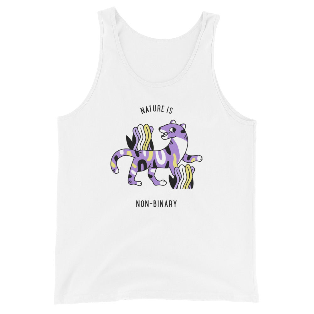 Unisex tank top with a stylized tiger in purple, yellow, and black stripes