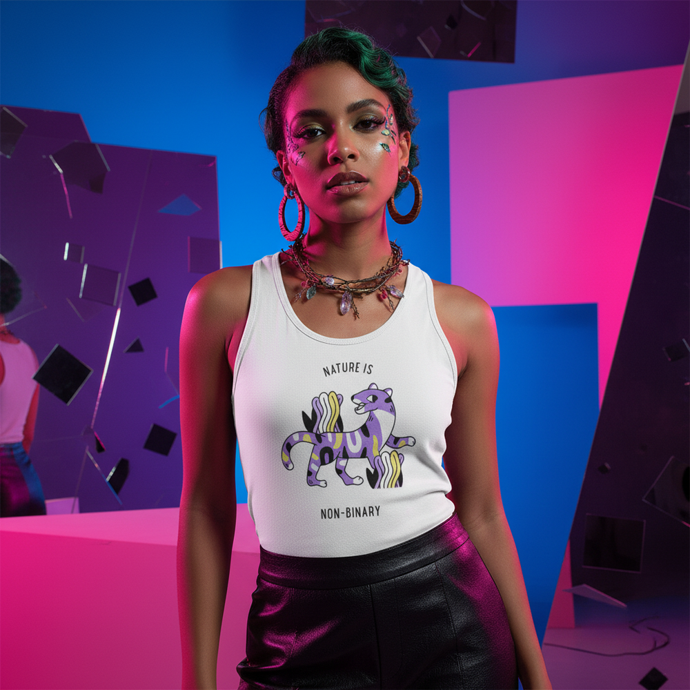 Nature Is Non-Binary Unisex Tank Top with purple-striped animal, worn with black pants, layered necklaces
