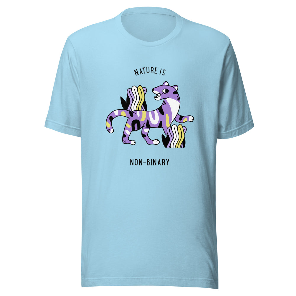non binary shirt: Light blue "Nature Is Non-Binary" T-shirt on a curly-haired person
