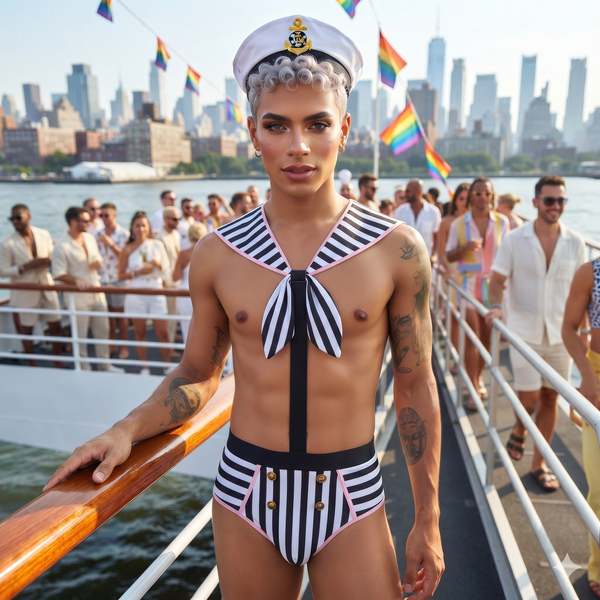 Front-facing model in a striped sailor costume and captain's hat on a boat