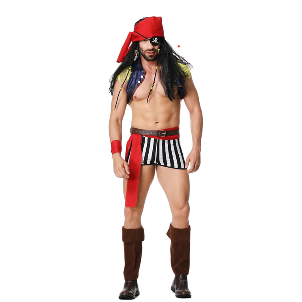 Front-facing model in a pirate costume with striped briefs, red sash, hat, and boots