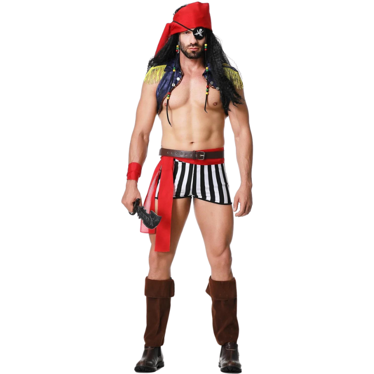 Front-facing person in a pirate costume with striped shorts, red bandana, eyepatch, and toy cutlass