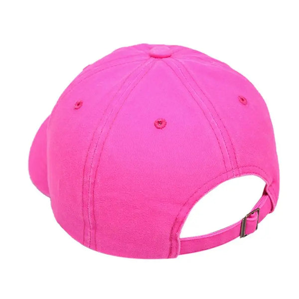 Bright pink baseball cap shown from the back with an adjustable strap and buckle
