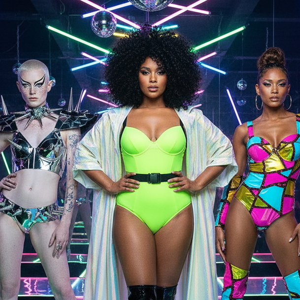 Model wearing a neon green belted one-piece swimsuit in a neon-lit club scene