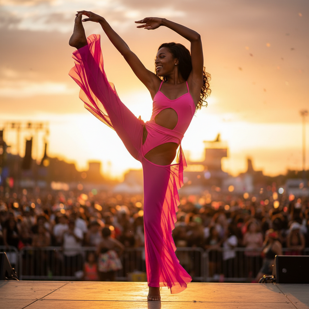 Dancer in a hot-pink cutout bodysuit with sheer draped panels on an outdoor stage