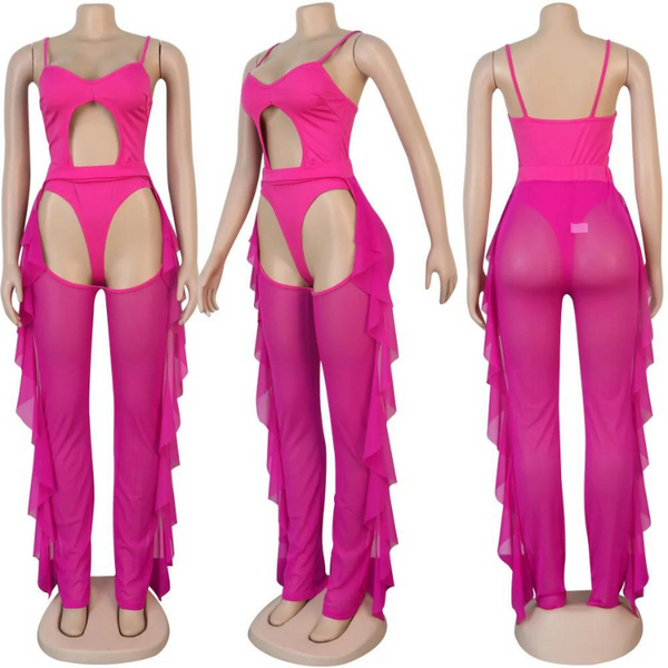Three mannequin views of a hot-pink cutout bodysuit with sheer ruffled pants