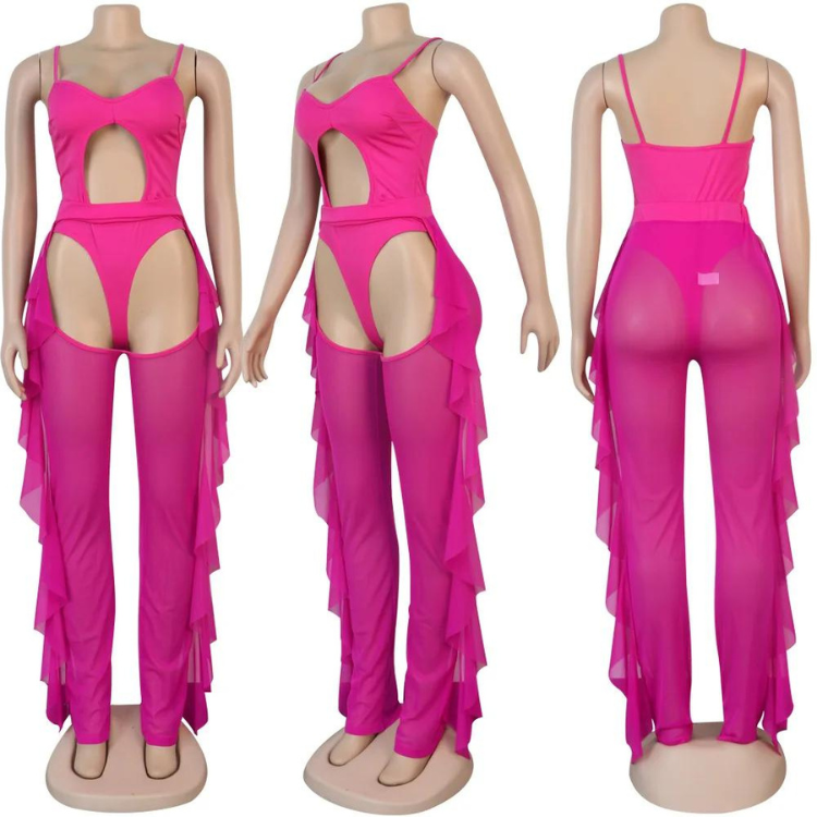 Three mannequin views of a hot-pink cutout bodysuit with sheer ruffled pants