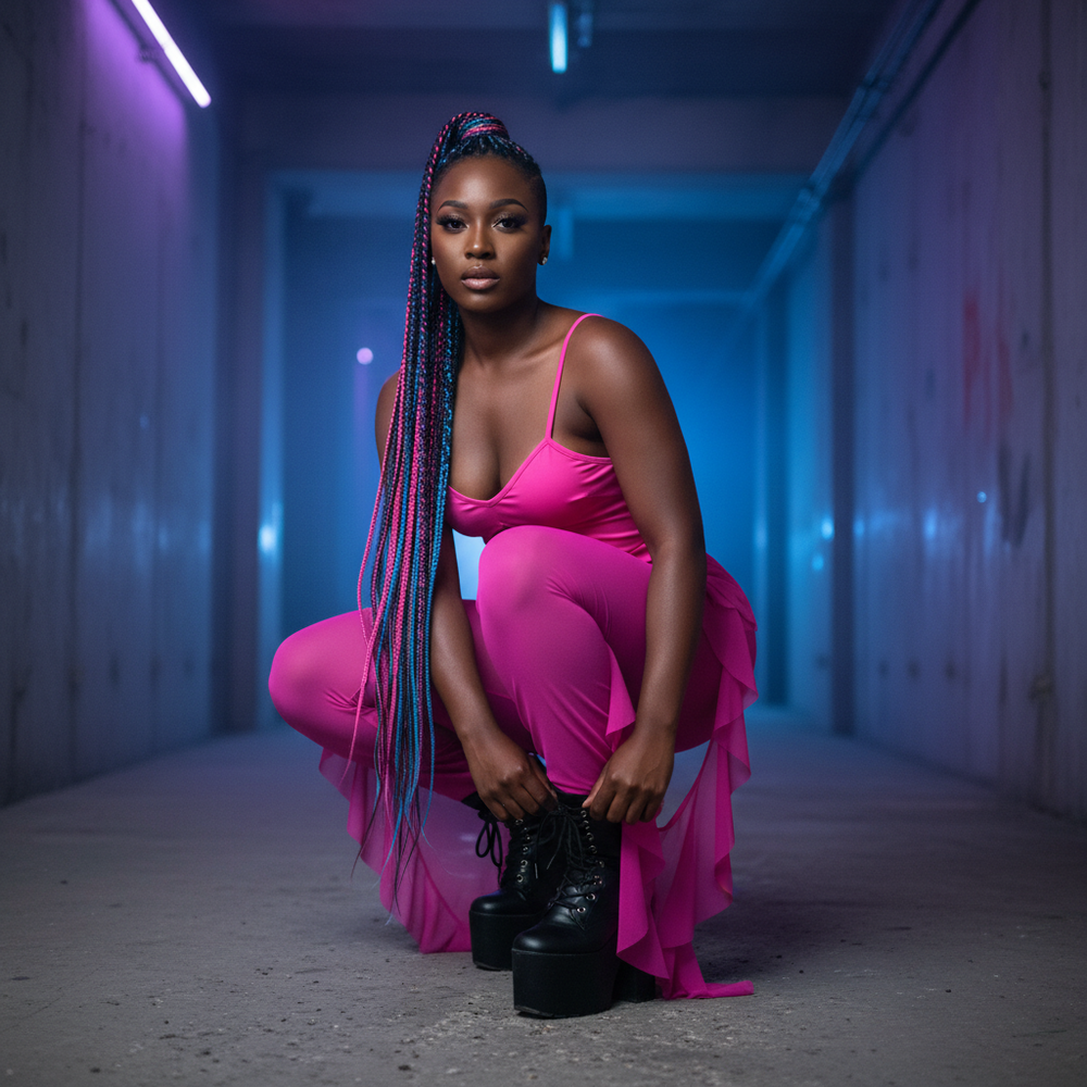 Model crouching in a neon pink strappy bodysuit with ruffled legs and platform boots