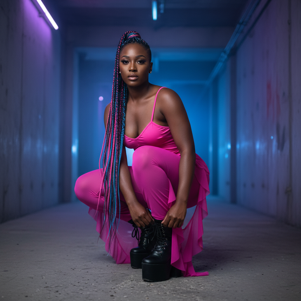 Model crouching in a neon pink strappy bodysuit with ruffled legs and platform boots