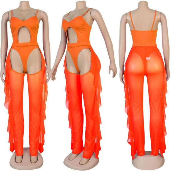 Three mannequin views of an orange cutout bodysuit with sheer flared legs