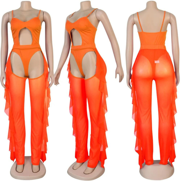Three mannequin views of an orange cutout bodysuit with sheer flared legs