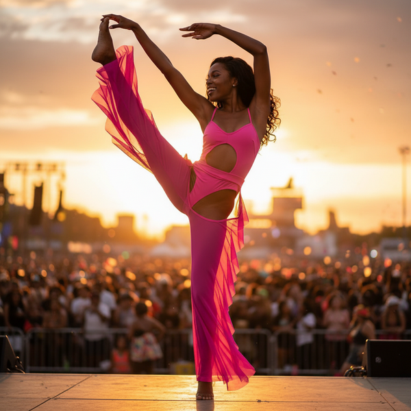 Dancer in a hot-pink cutout bodysuit with sheer draped panels on an outdoor stage