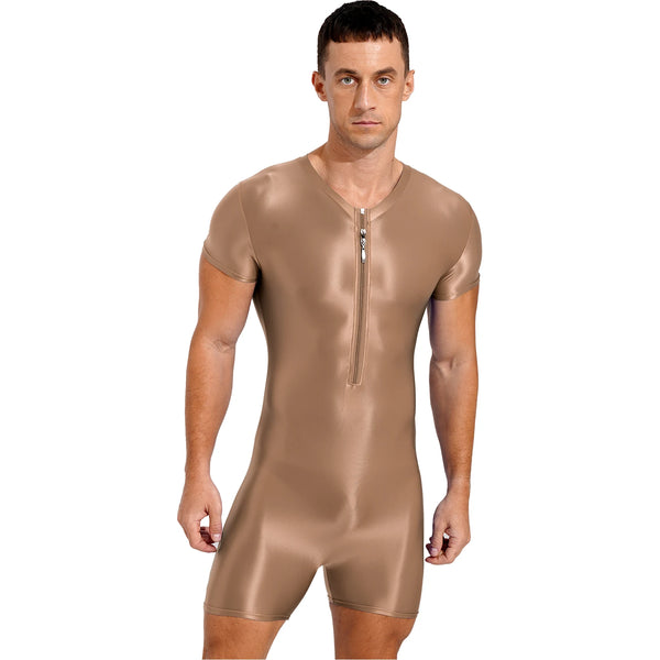 Front-facing model wearing a glossy bronze short-sleeve bodysuit with a long front zipper
