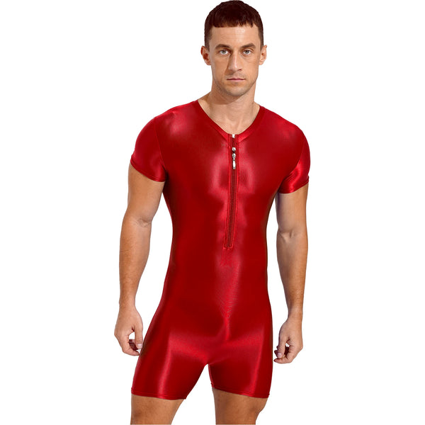 Front-facing model wearing a glossy red short-sleeve bodysuit with a long front zipper