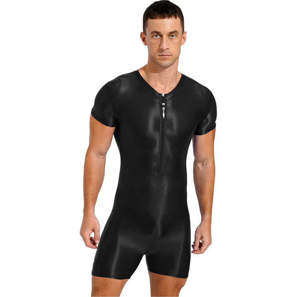 Front-facing model wearing a glossy black short-sleeve bodysuit with a chest zipper