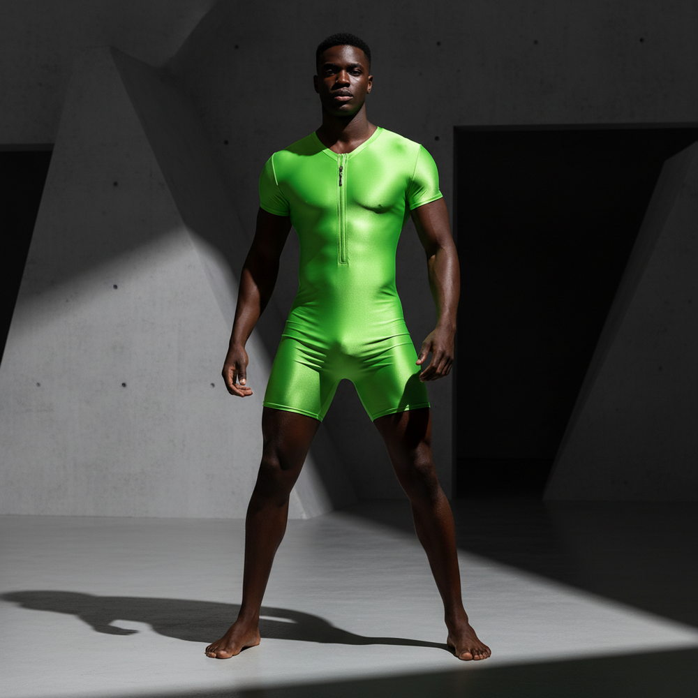 Neon Bold Glossy Zipper Men's Bodysuit pops on a barefoot model, striking a pose among concrete forms and shadows