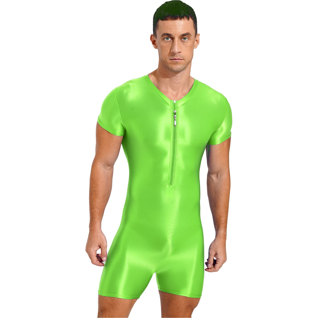 Front-facing model wearing a glossy neon-green short-sleeve bodysuit with a chest zipper