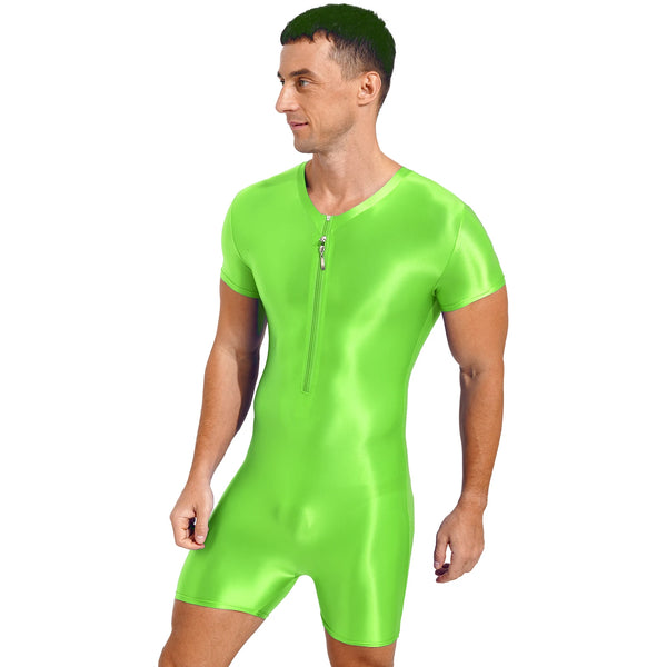Person in profile wearing a glossy neon-green short-sleeve bodysuit with a front zipper