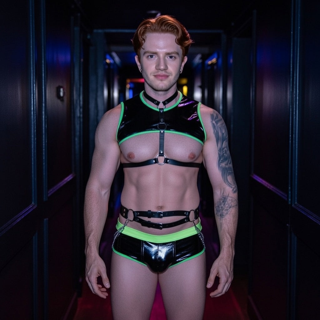 Neon Nights Dominance Gear Set: chest-baring look on a muscular, tattooed redhead under vibrant lights