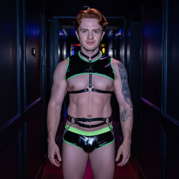 Neon Nights Dominance Gear Set: chest-baring look on a muscular, tattooed redhead under vibrant lights