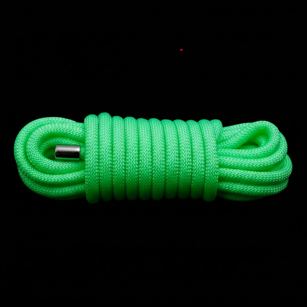 Neon green braided rope coiled around a central metal connector on black