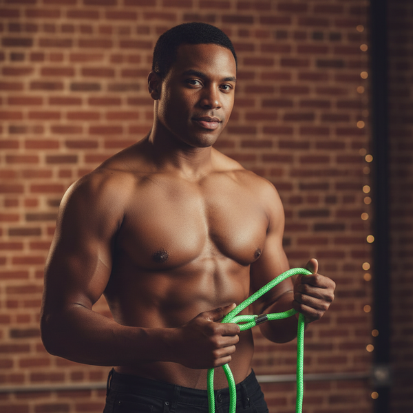 Shirtless person holding a bright green rope loop against a brick wall