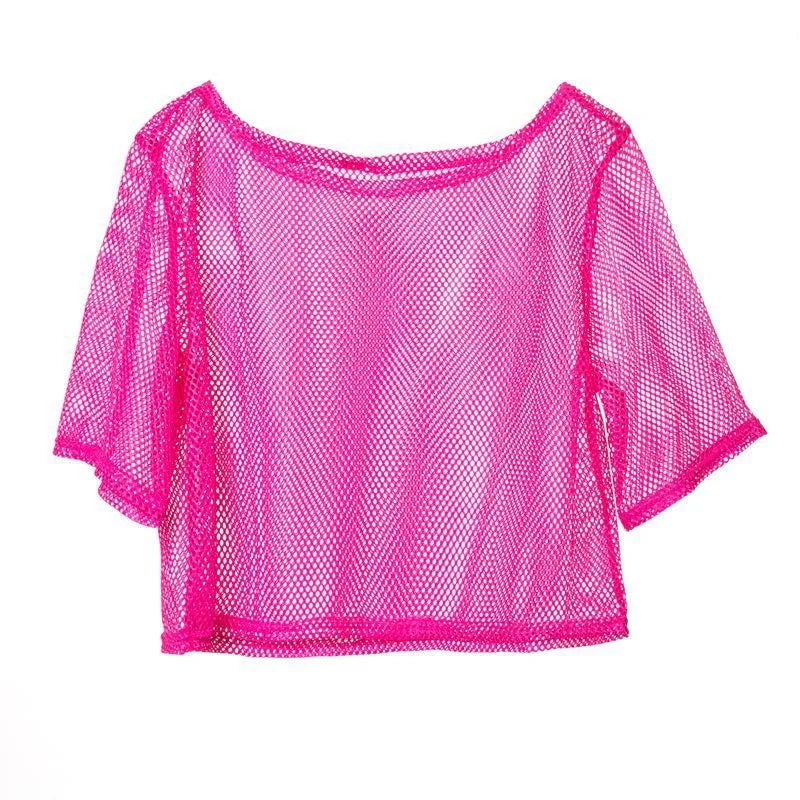 Front view of a bright pink short-sleeve mesh crop top on white